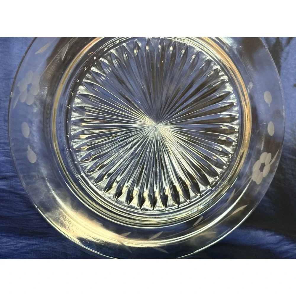 Vtg Elegant Clear Glass Plates Set 6 Etched Floral Rim Rays Starburst Center